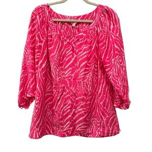 Lilly Pulitzer Moxy 100% Silk Blouse Top Vibrant Pink Pearl Buttons Sz L